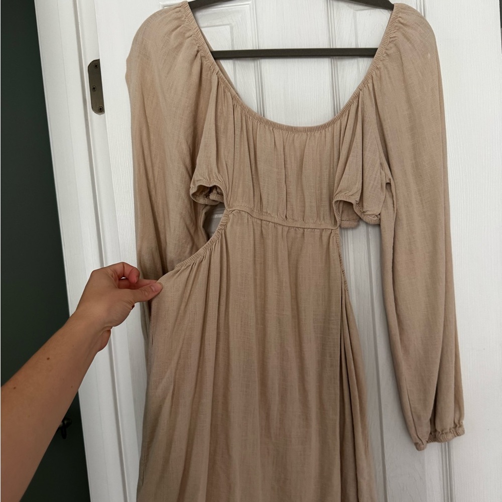 Beige Long Sleeve Cutout Mini Dress